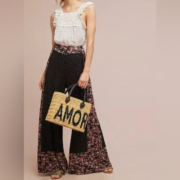 Anthropologie Farm Rio Black and Pink Floral Wide Leg Pants Size L - Picture 3 of 5